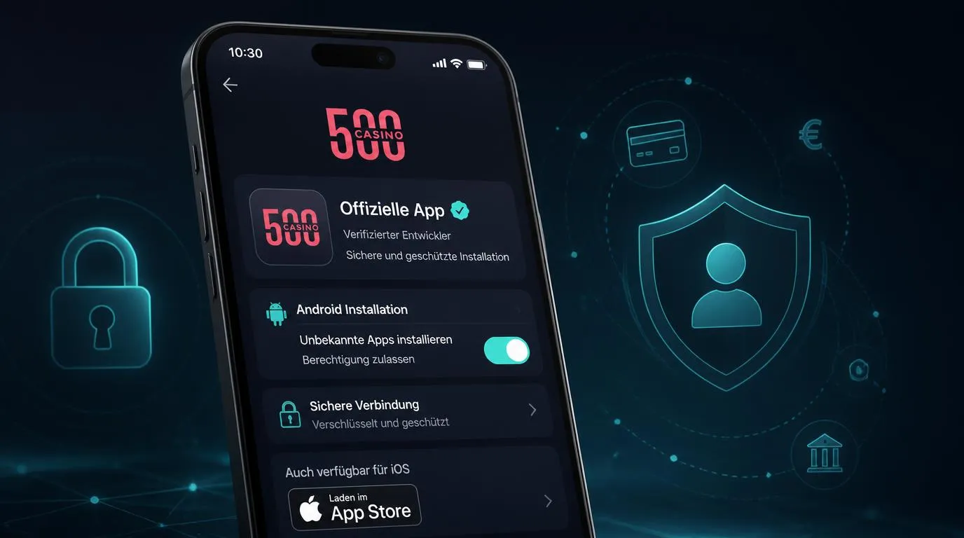 Smartphone mit offizieller Casino-App-Downloadseite, Sicherheitsprüfung und aktivem Kontoschutz