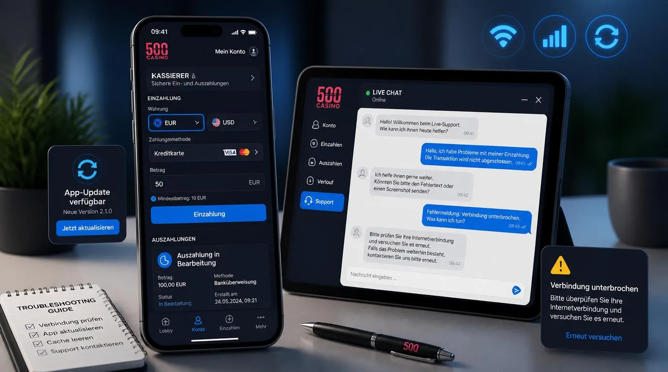 Smartphone mit Casino-App, Zahlungsbereich und Live-Chat bei einer technischen Störung
