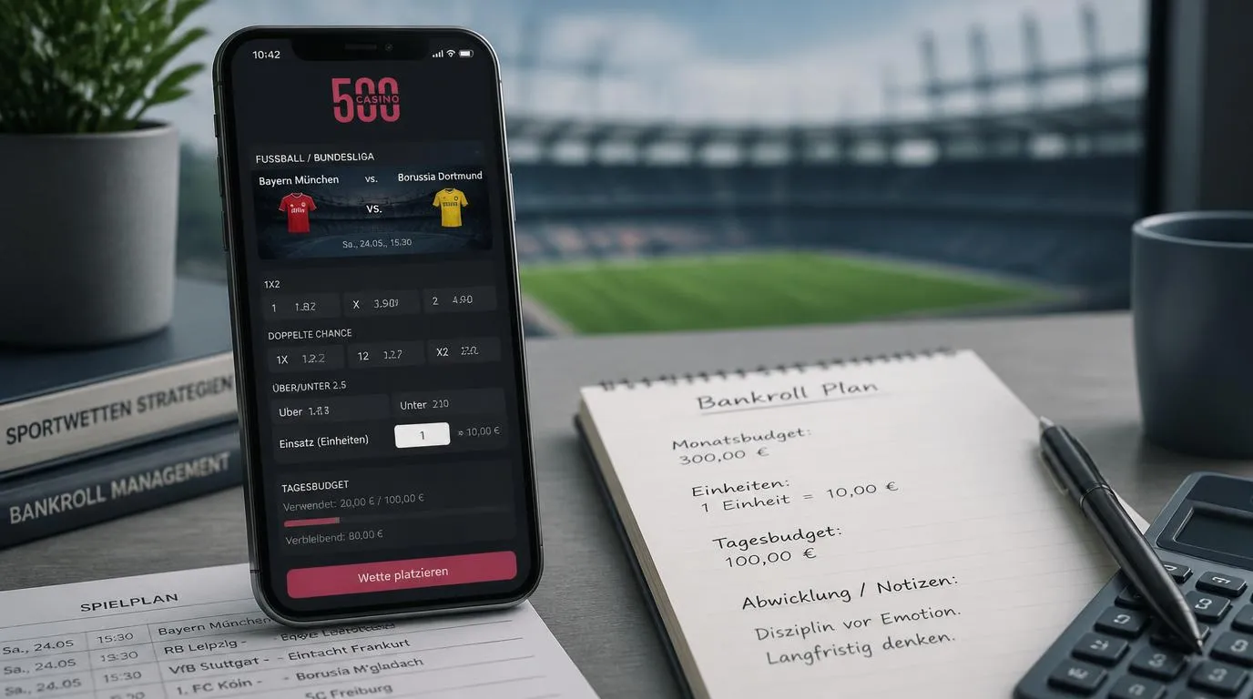 Sportwetten Budget mit Einsatzplan, Quotenprüfung und klarer Tagesgrenze auf einem Smartphone