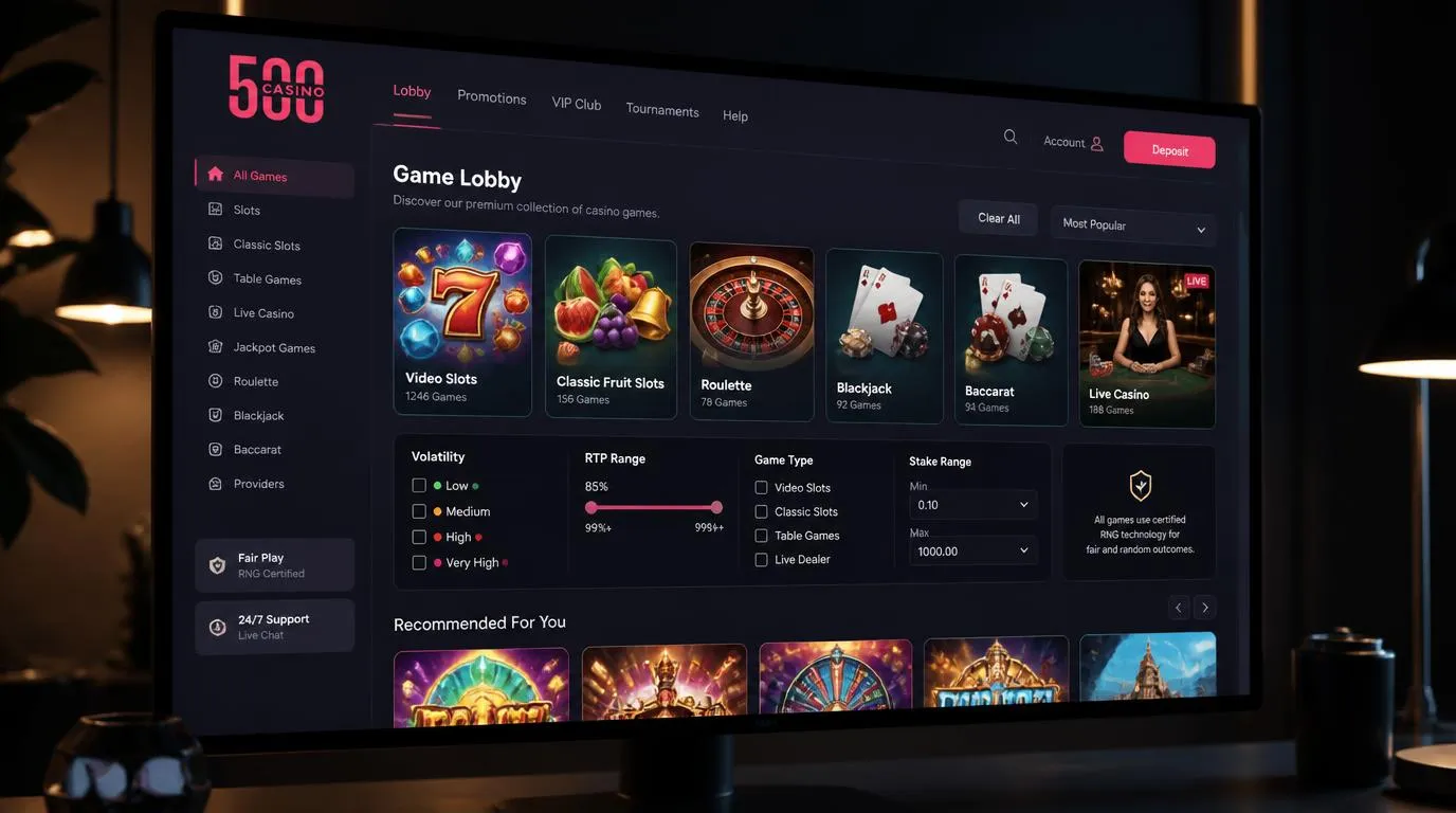 Digitale Casino-Lobby mit Slots, Roulette, Blackjack und übersichtlichen Spielefiltern