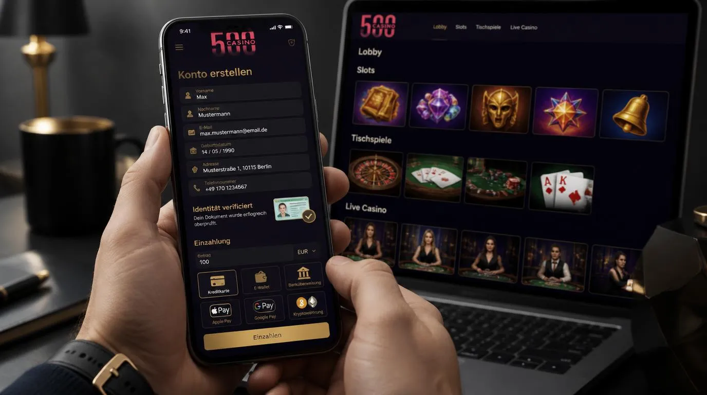 Casino-Kontoeröffnung auf dem Smartphone mit Identitätsprüfung und Auswahl einer Einzahlungsmethode