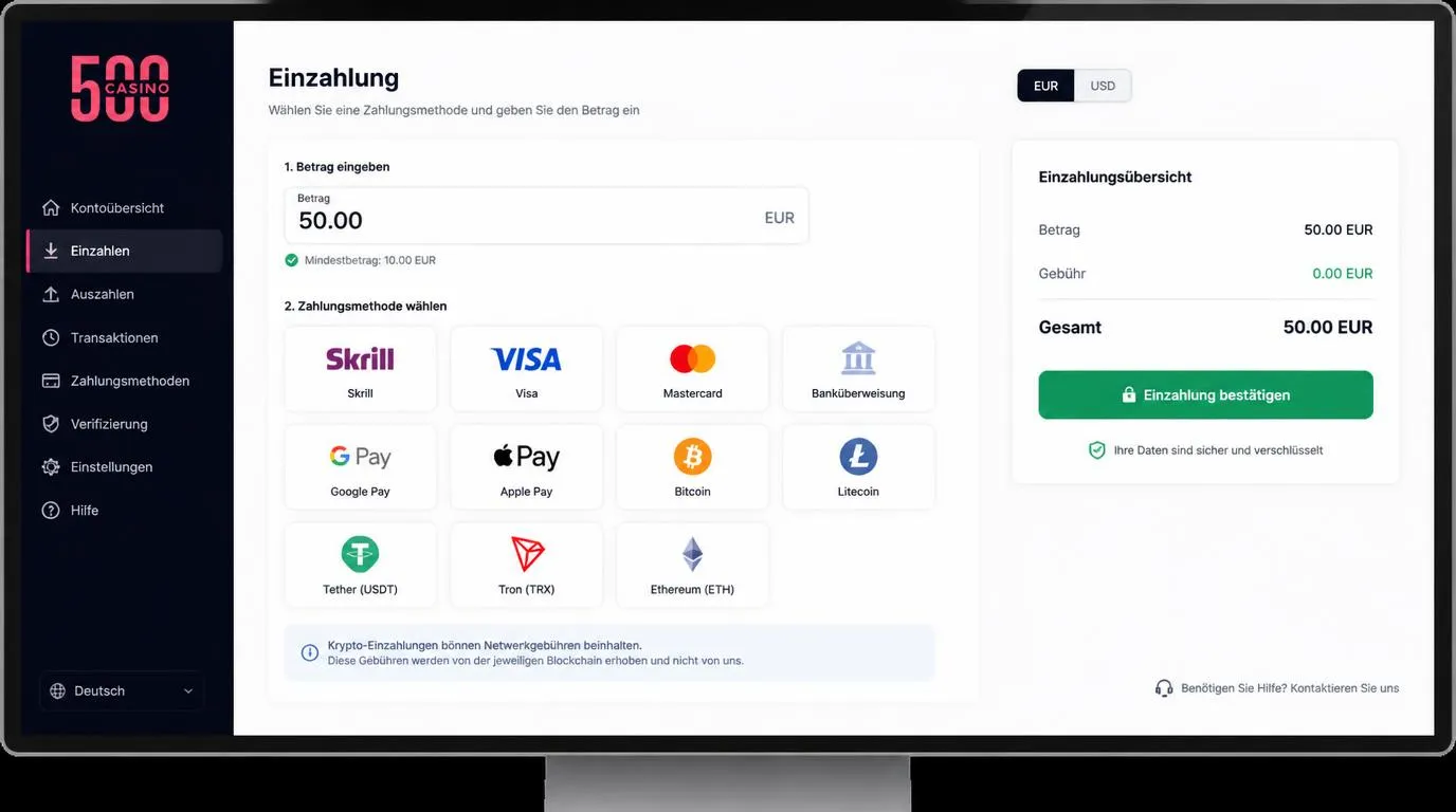 Kassenansicht mit Zahlungsarten, Mindesteinzahlung von 10 EUR und angezeigten Einzahlungslimits