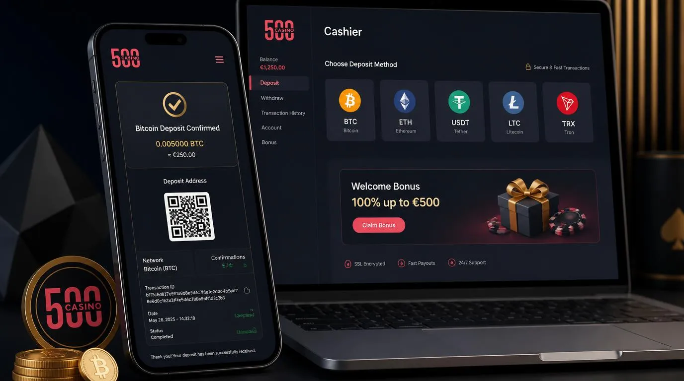 Smartphone mit Krypto-Wallet und bestätigter Bitcoin-Zahlung im Casino-Kassenbereich