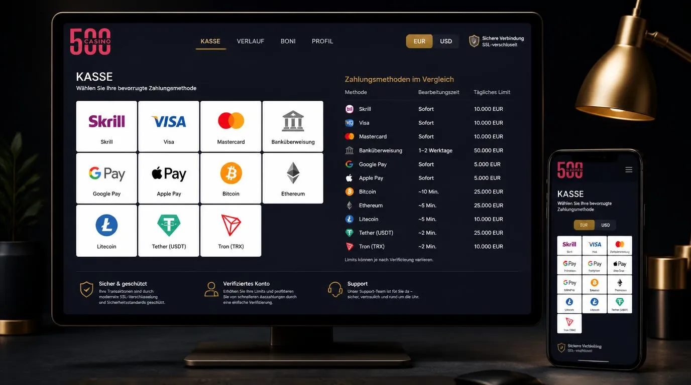 Digitale Casino-Kasse mit Karten, E-Wallet, Banküberweisung und Kryptowährungen in Euro