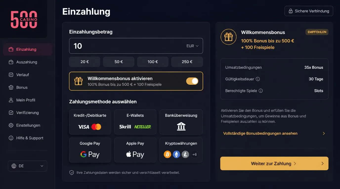 Casino-Kassenansicht mit aktivierter Bonusoption, Einzahlung von 10 € und verschiedenen Zahlungsarten