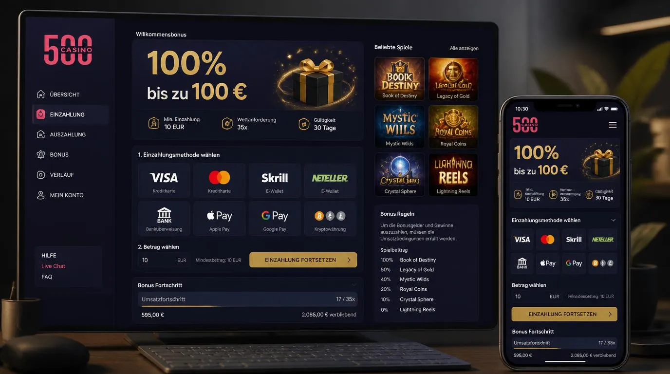 Casino-Bonusbereich mit Willkommensangebot, Einzahlung von 10 EUR und Anzeige des Umsatzfortschritts