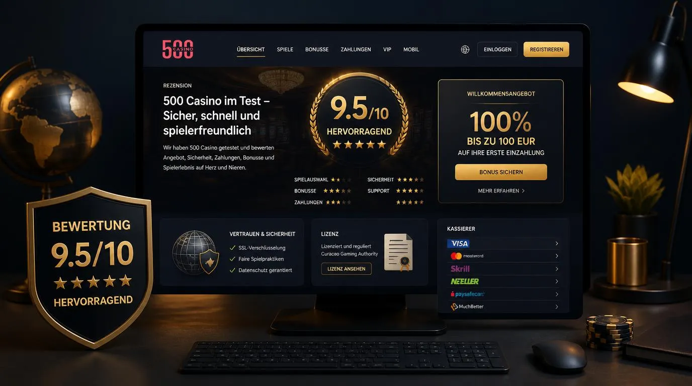 Casino-Bewertung mit Sicherheitszeichen, Willkommensbonus und übersichtlicher Kassenansicht